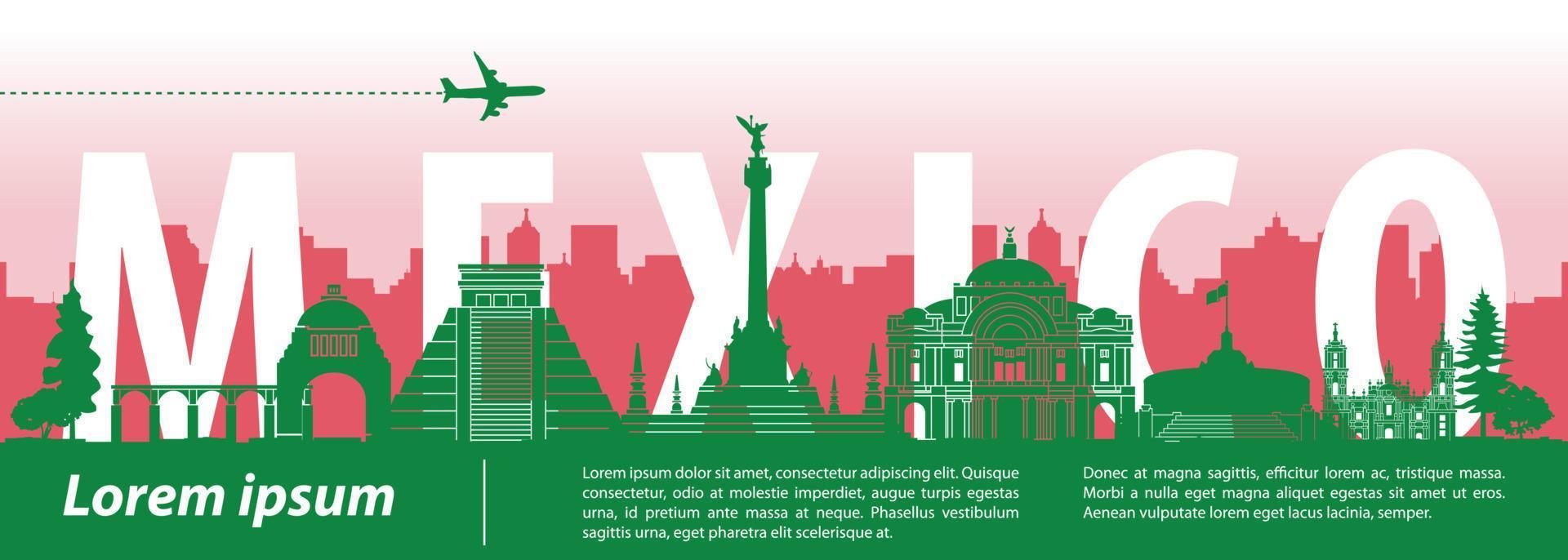 Mexico famous landmark silhouette style with country name and national flag color vector