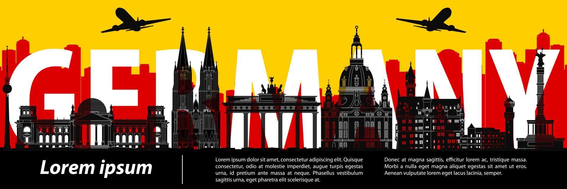Germany famous landmark silhouette with red and yellow color design vector