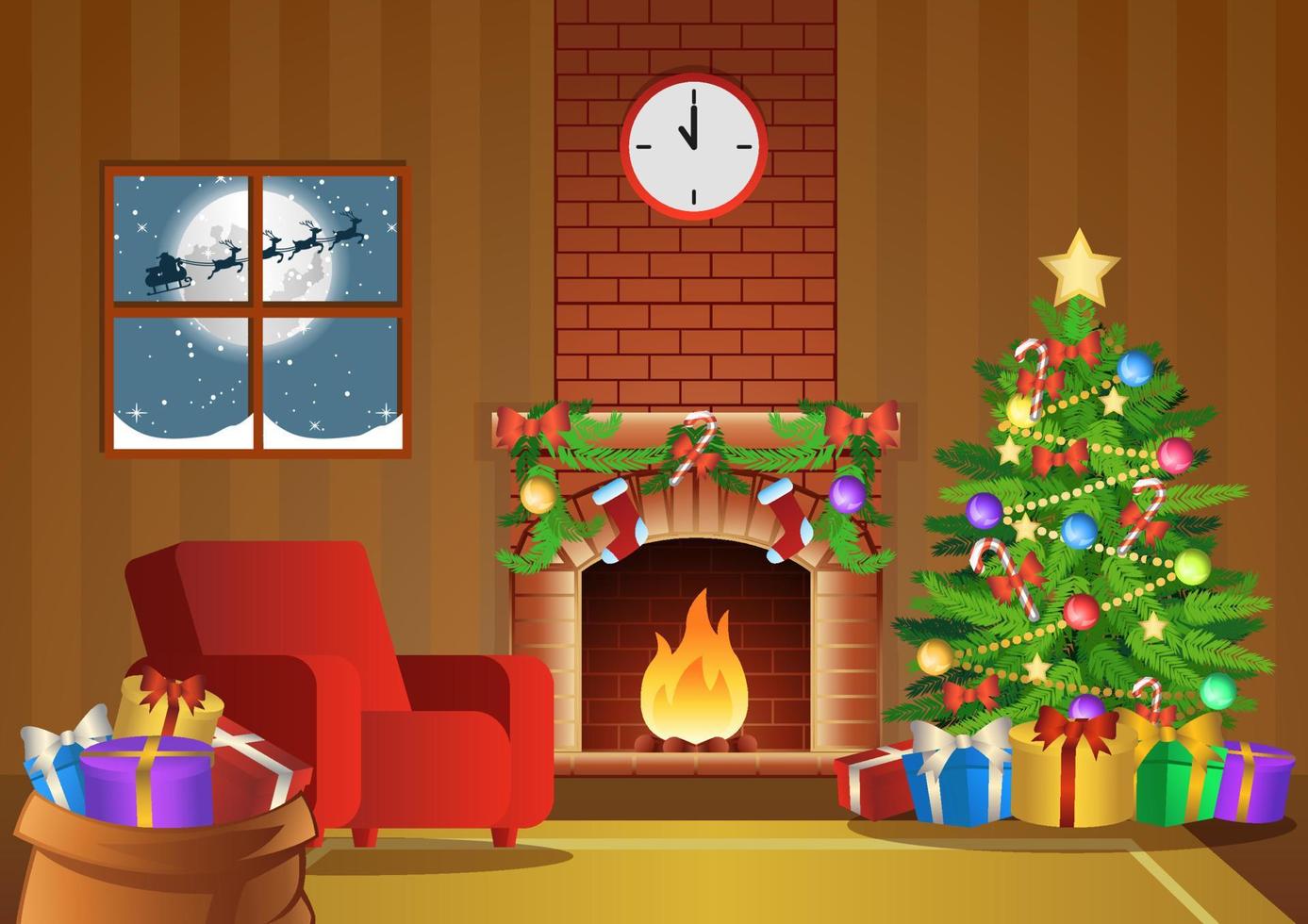 fireplace room decorate for Christmas night vector