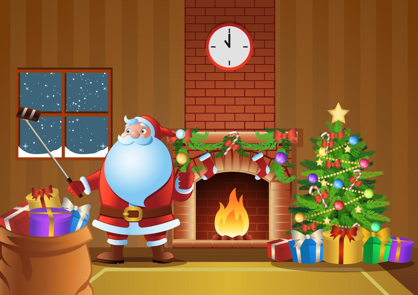 Santa Claus selfie in fireplace room in Christmas night vector