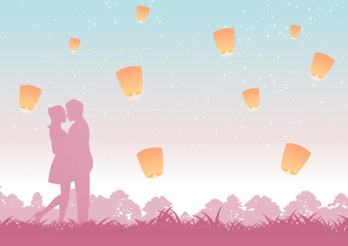 couple hug together and kiss around with nature,lantern above, vector