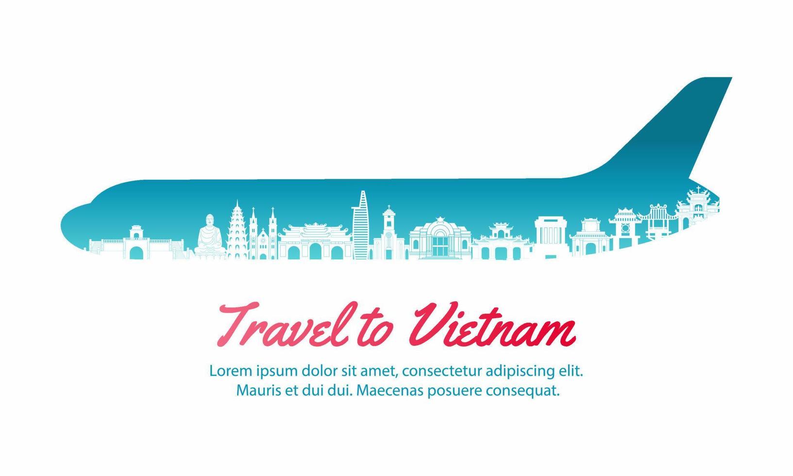 vietnam landmarks inside with plane shape in concept art by silhouette style vector
