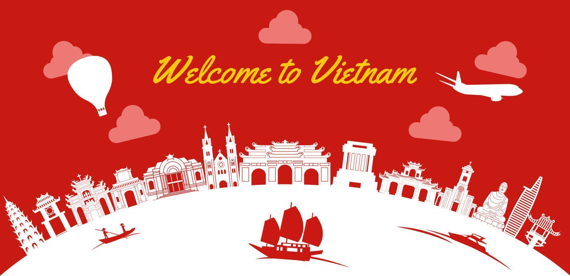 Vietnam famous landmarks silhouette style on white curve like globe vector