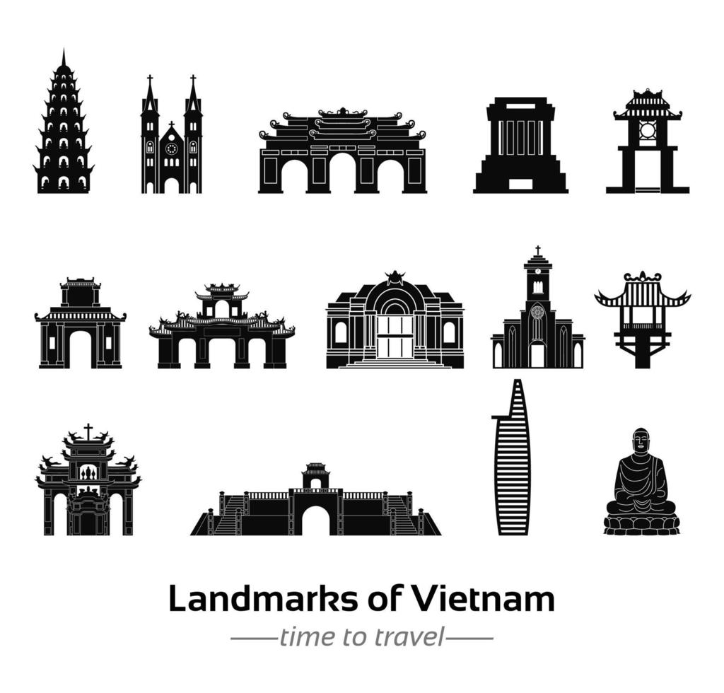 conjunto de monumentos famosos del estilo de silueta de vietnam con diseño de color clásico en blanco y negro vector