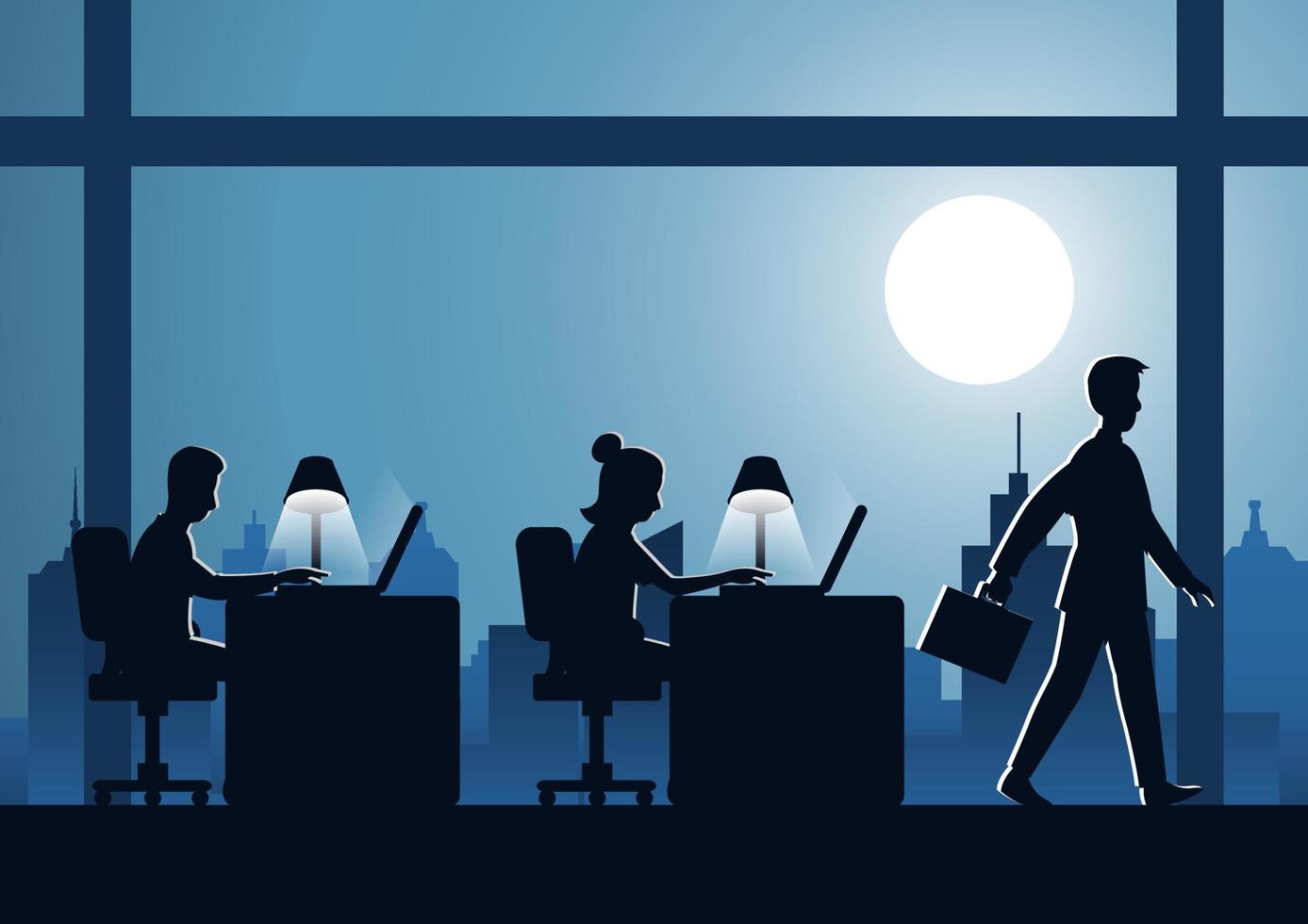 business man work overtime hard with laptop to complete his work with cityscape background on night time vector