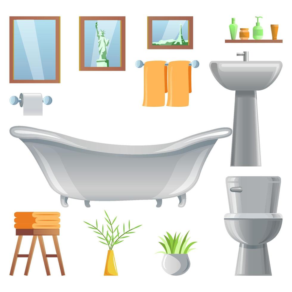 collection of room decoration of bathroom with gradient design vector