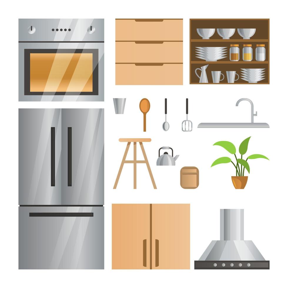 collection of room decoration of kitchen with gradient design vector