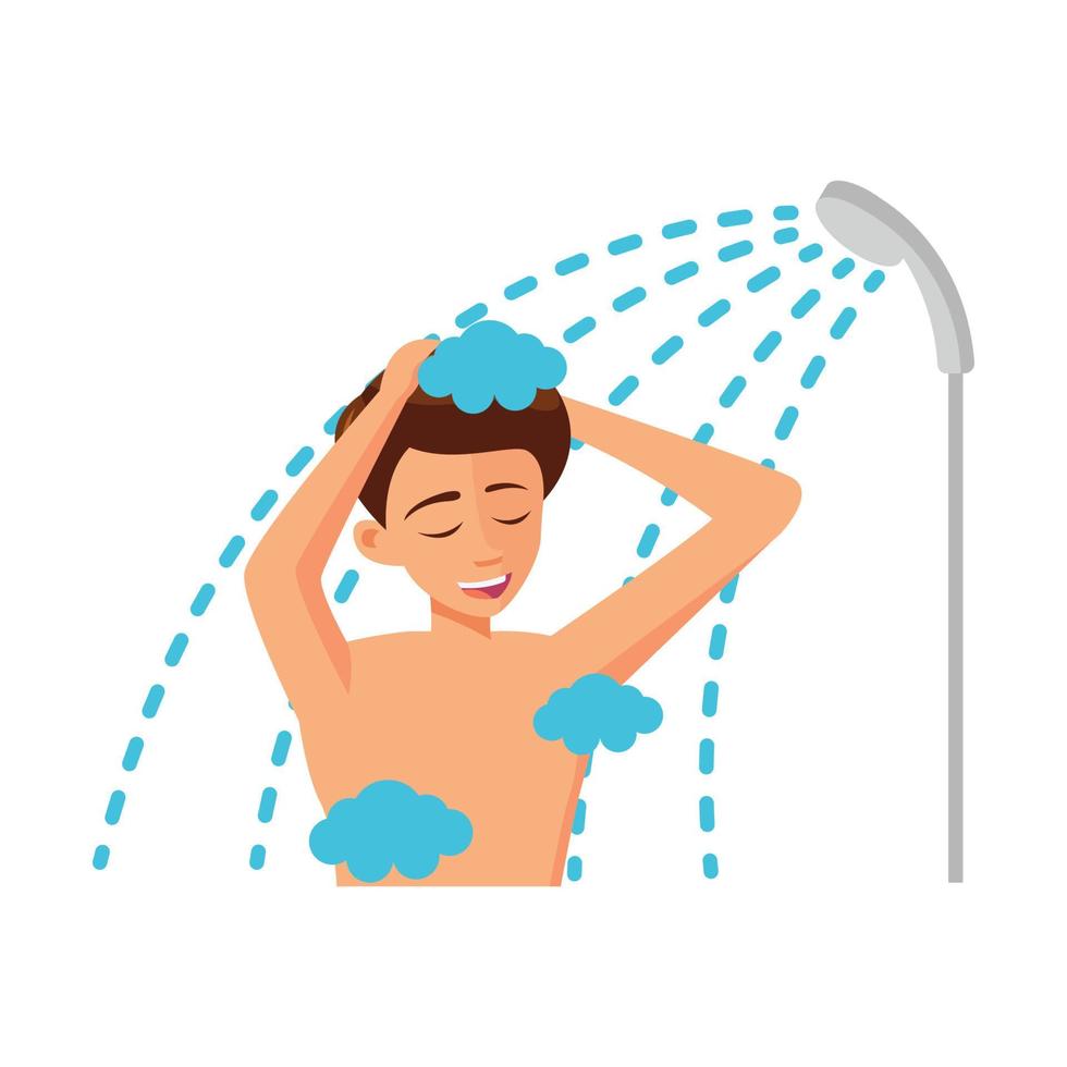 diseño plano del personaje de dibujos animados del hombre tomar una ducha vector