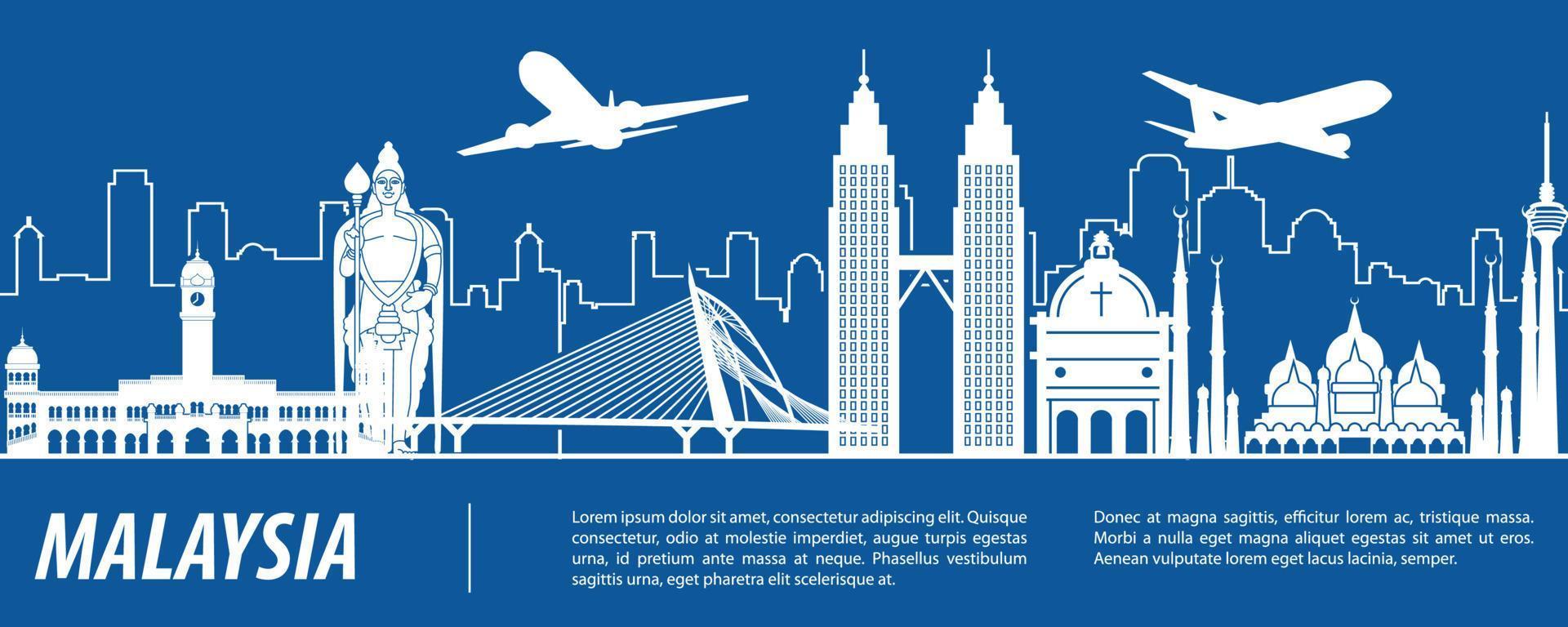 Malaysia famous landmark silhouette with blue and white color design vector