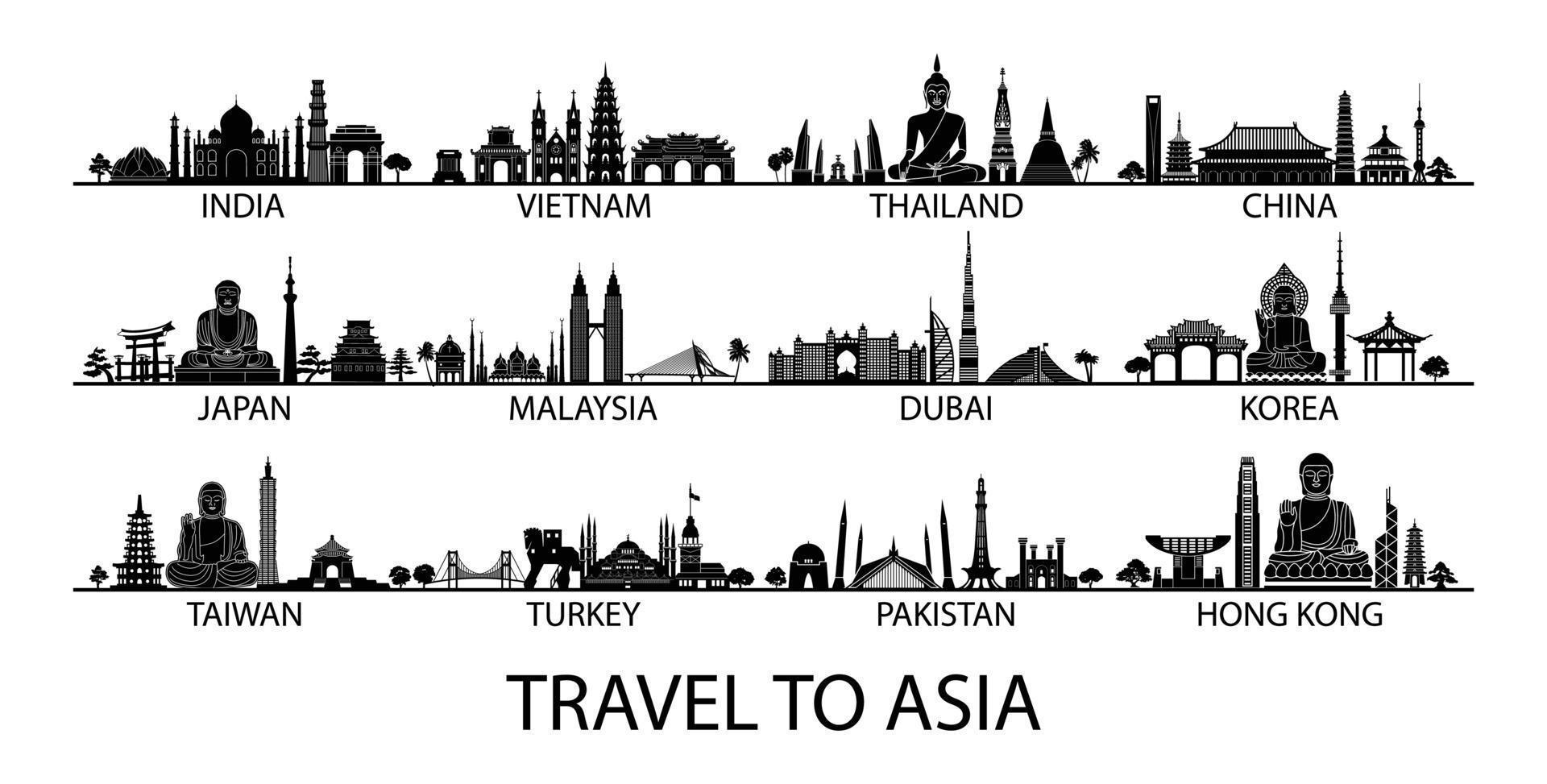 famous landmark of country in Asia silhouette style with black and white classic color design include by country name vector