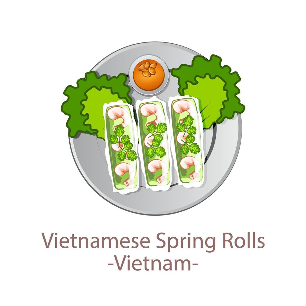 vista superior de la comida popular de los rollitos de primavera vietnamitas nacionales de la asean, en dibujos animados vector