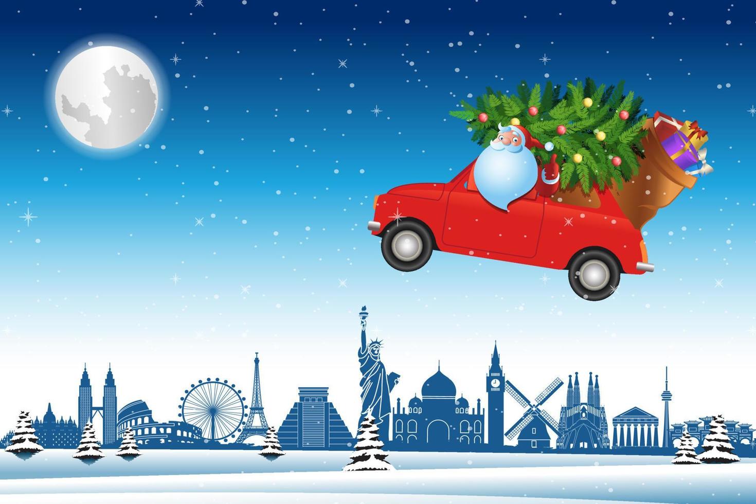 santa claus conduce un auto rojo sobrevolando puntos de referencia mundiales a través de la nieve con un árbol de navidad para enviar regalos a todos vector