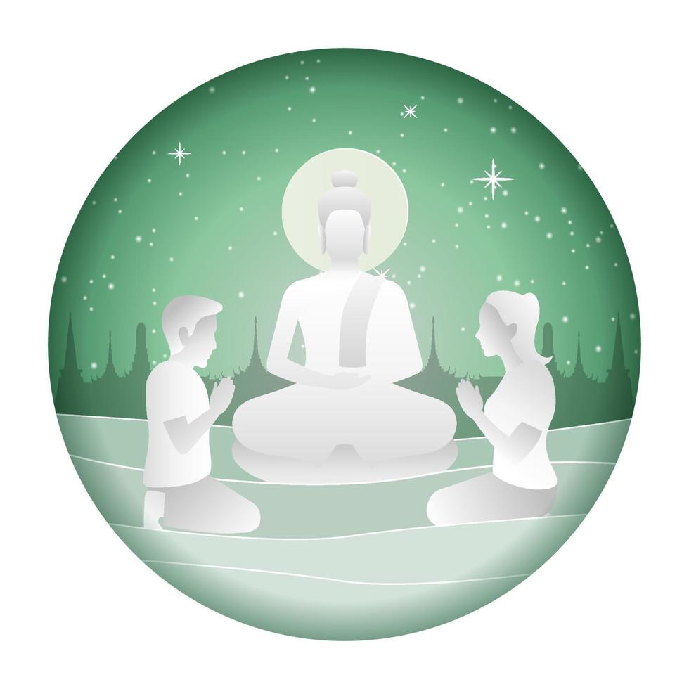 lord of Buddha meditation while man and woman pay respect with paper art design vector