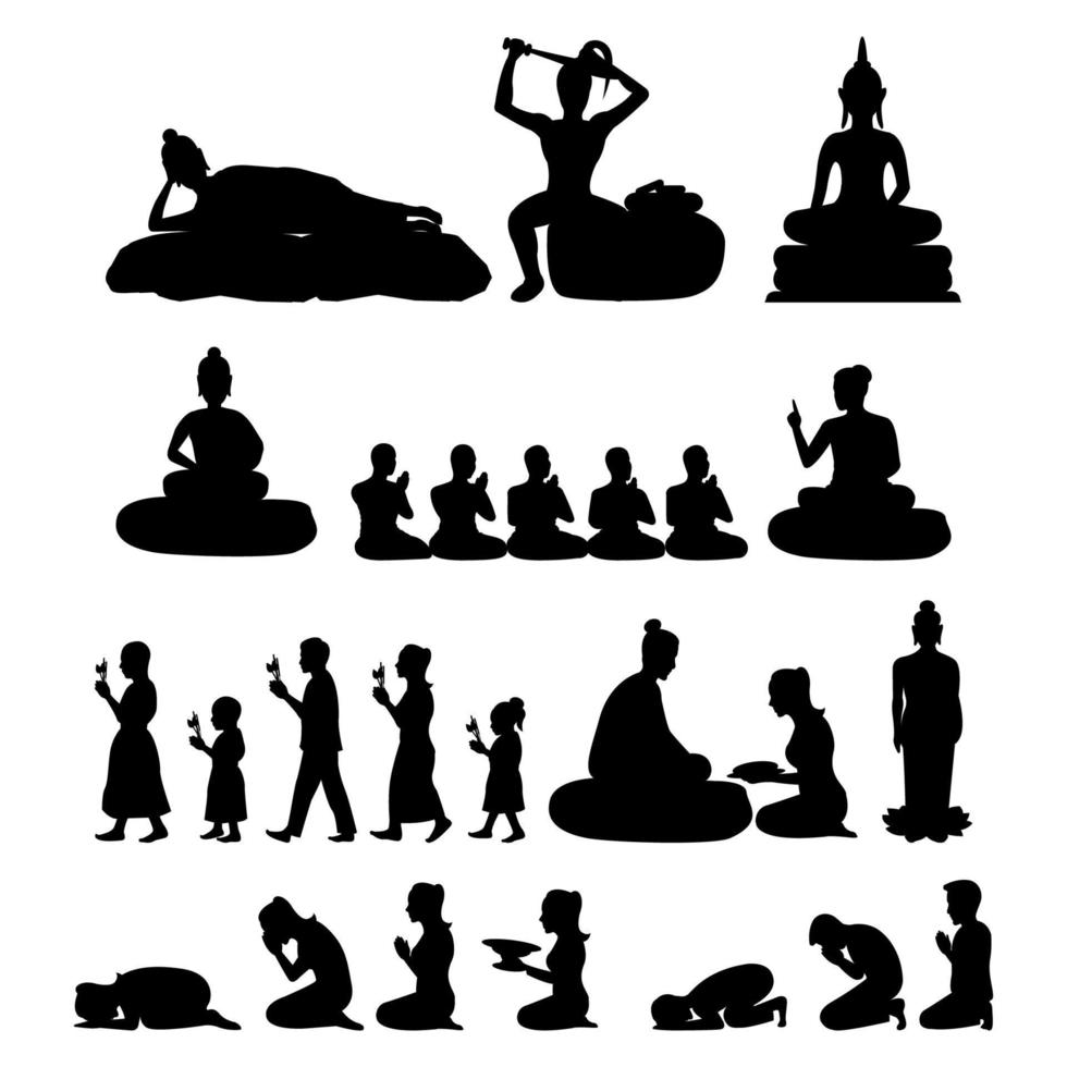 set of Buddha monk and Buddhism activities with black silhouette vector