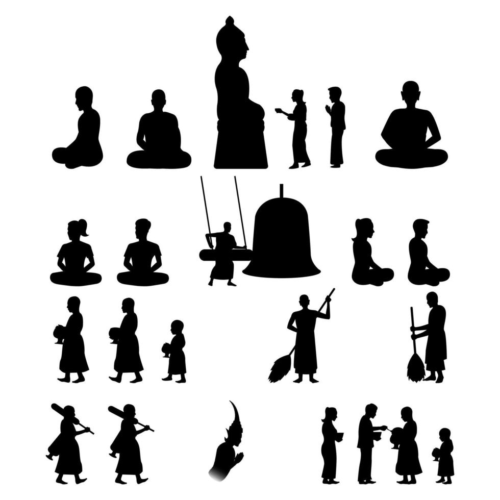 set of Buddha monk and Buddhism activities with black silhouette vector