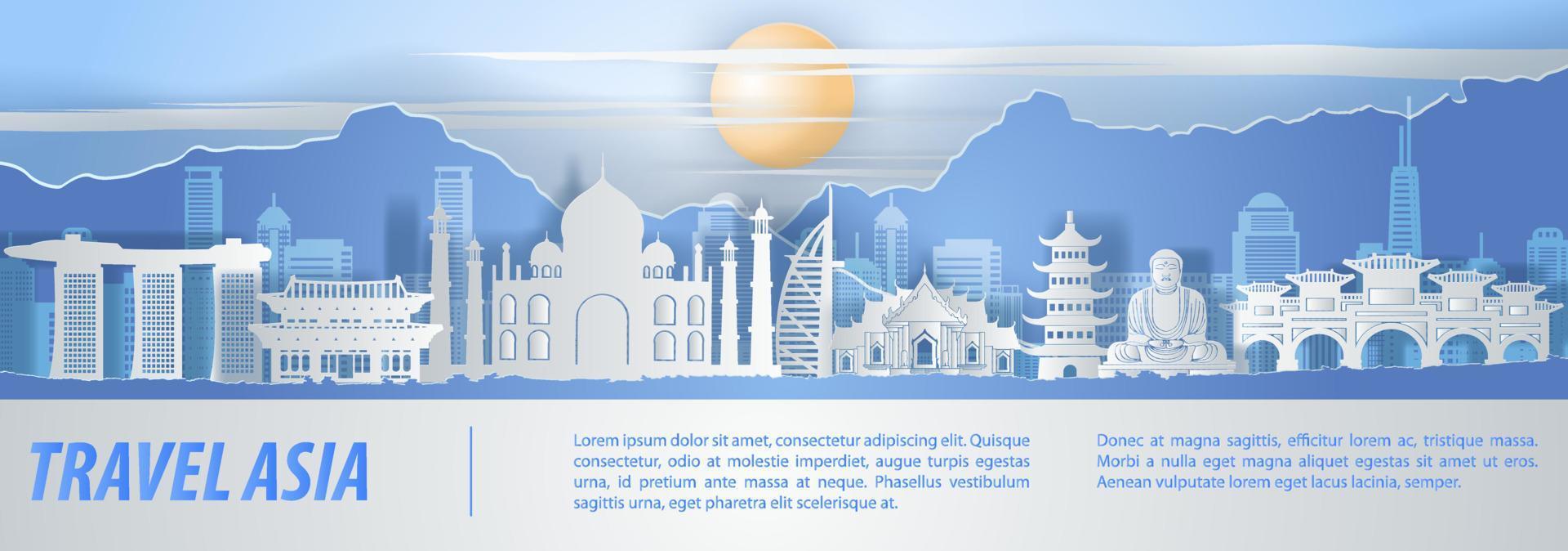 Asia famous landmark paper art with orange blue and white color design vector