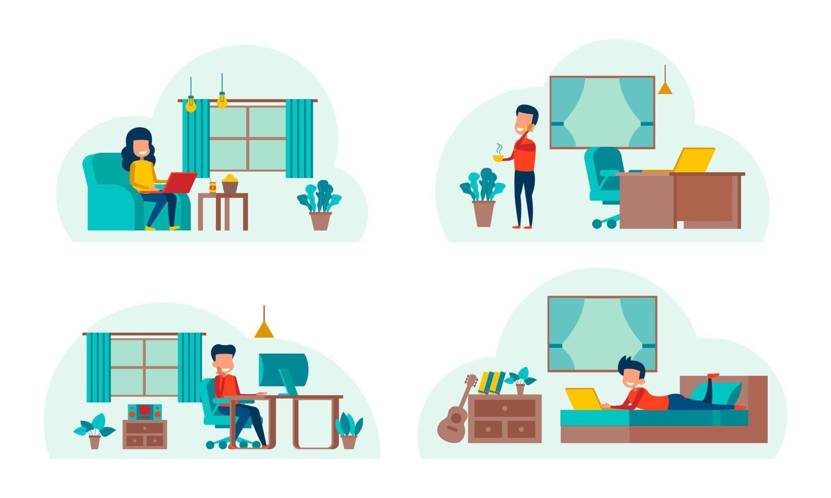 set of cartoon version of working home and stay home vector