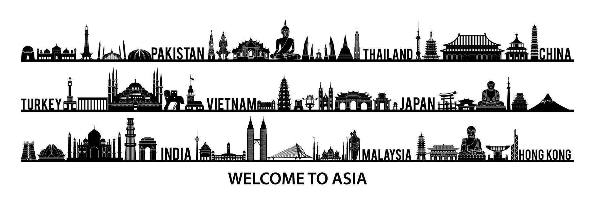 collection of famous landmarks of Asia silhouette style with black and white color vector