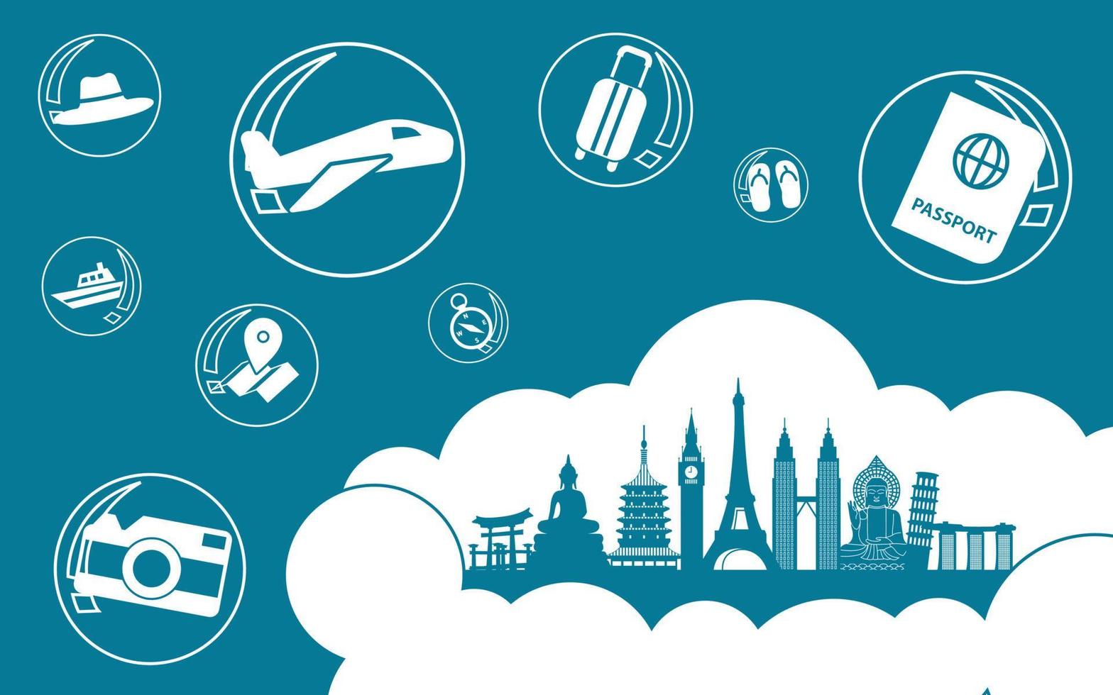Concept art of travel bubble by landmarks symbols with corona virus situation and travel symbols vector