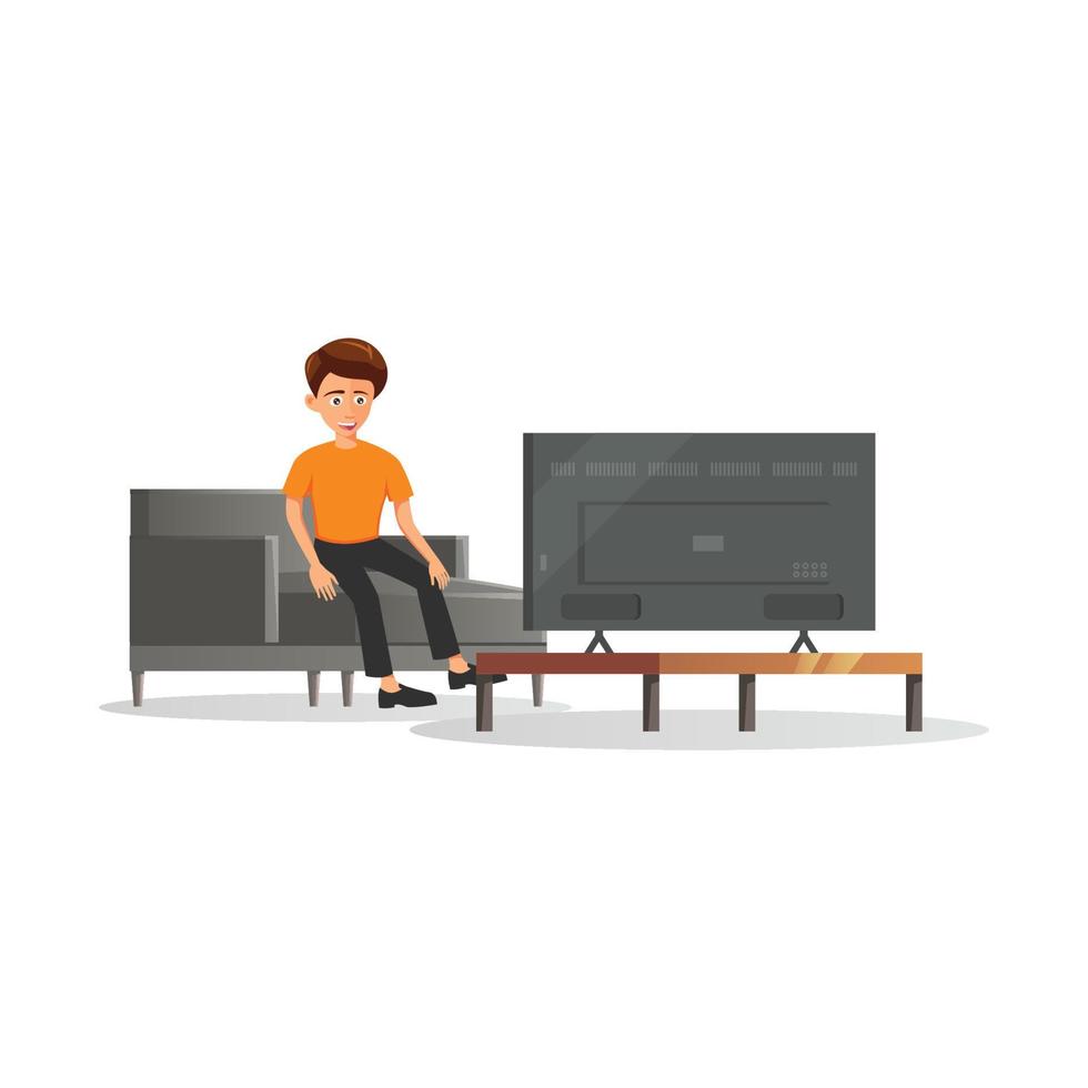 flat design of cartoon character of man is watching TV vector