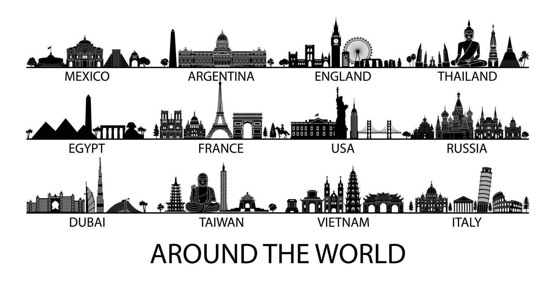 famous landmark of country in Asia Europe and America silhouette style with black and white classic color design include by country name vector