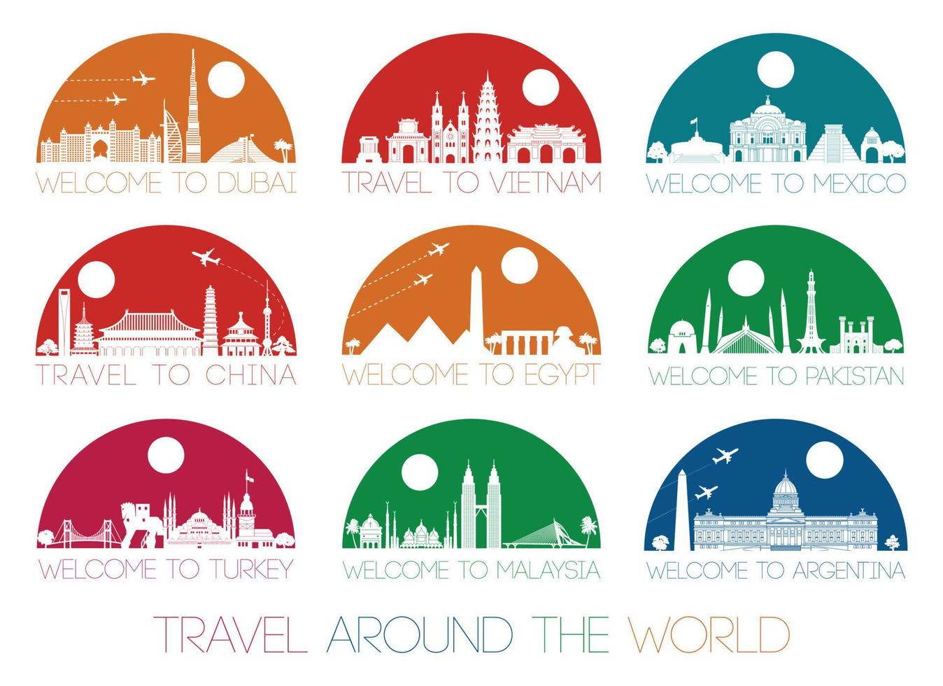 World famous landmark silhouette style inside by multil and bright half circle shape vector