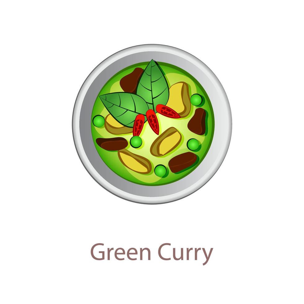 vista superior de la comida popular de Tailandia, curry verde, en diseño de vectores de dibujos animados