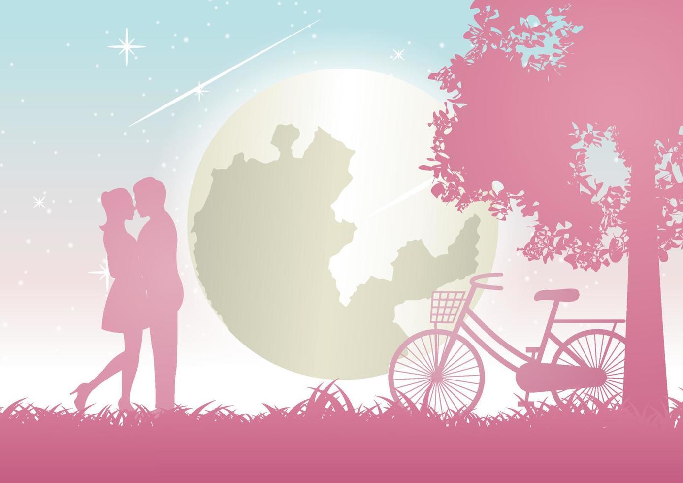 couple hug together and kiss near bicycle and big tree,concept art vector