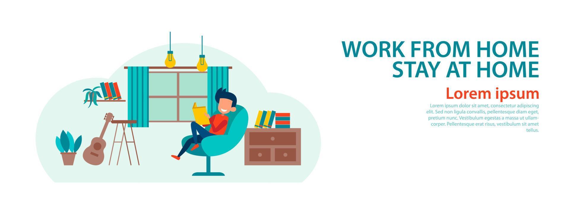 banner of cartoon version of working home and stay home vector