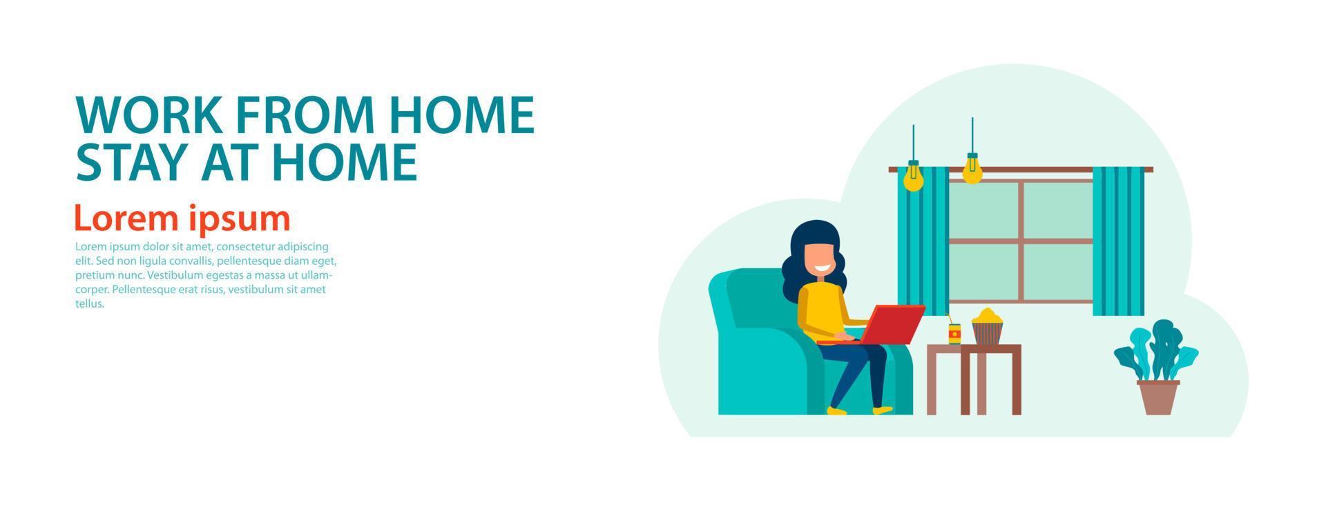 banner de la versión de dibujos animados de trabajar en casa y quedarse en casa vector