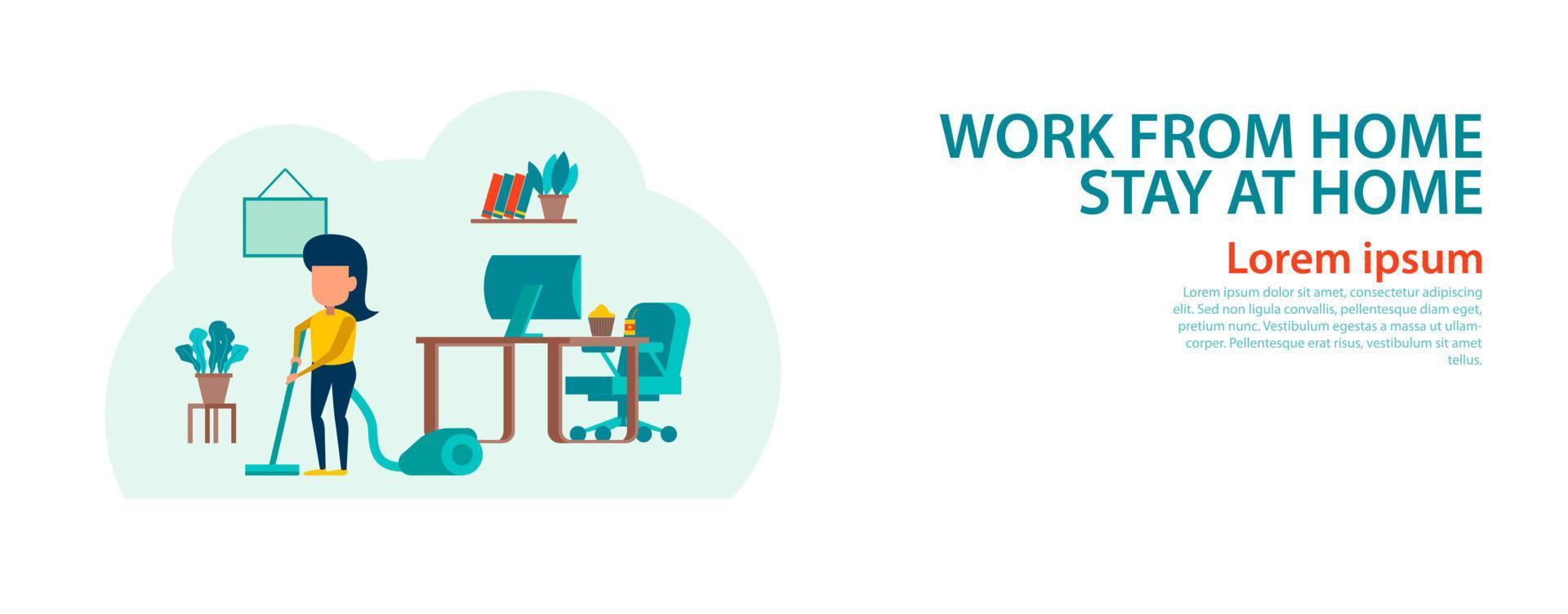 banner of cartoon version of working home and stay home vector