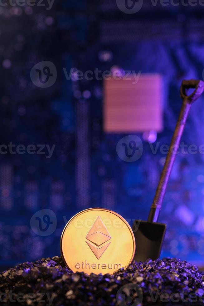 Mining Bitcoin crypto currency on circuit  board.virtural money.blockchain technology.mining concept photo