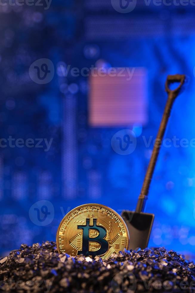 Mining Bitcoin crypto currency on circuit  board.virtural money.blockchain technology.mining concept photo