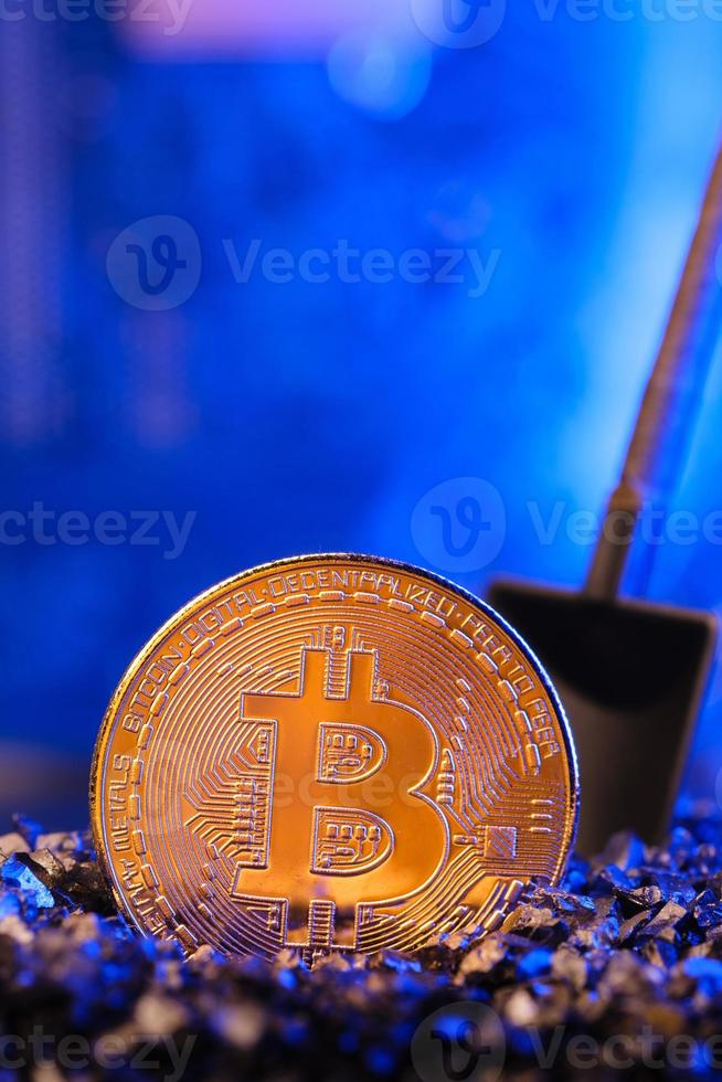 Mining Bitcoin crypto currency on circuit  board.virtural money.blockchain technology.mining concept photo