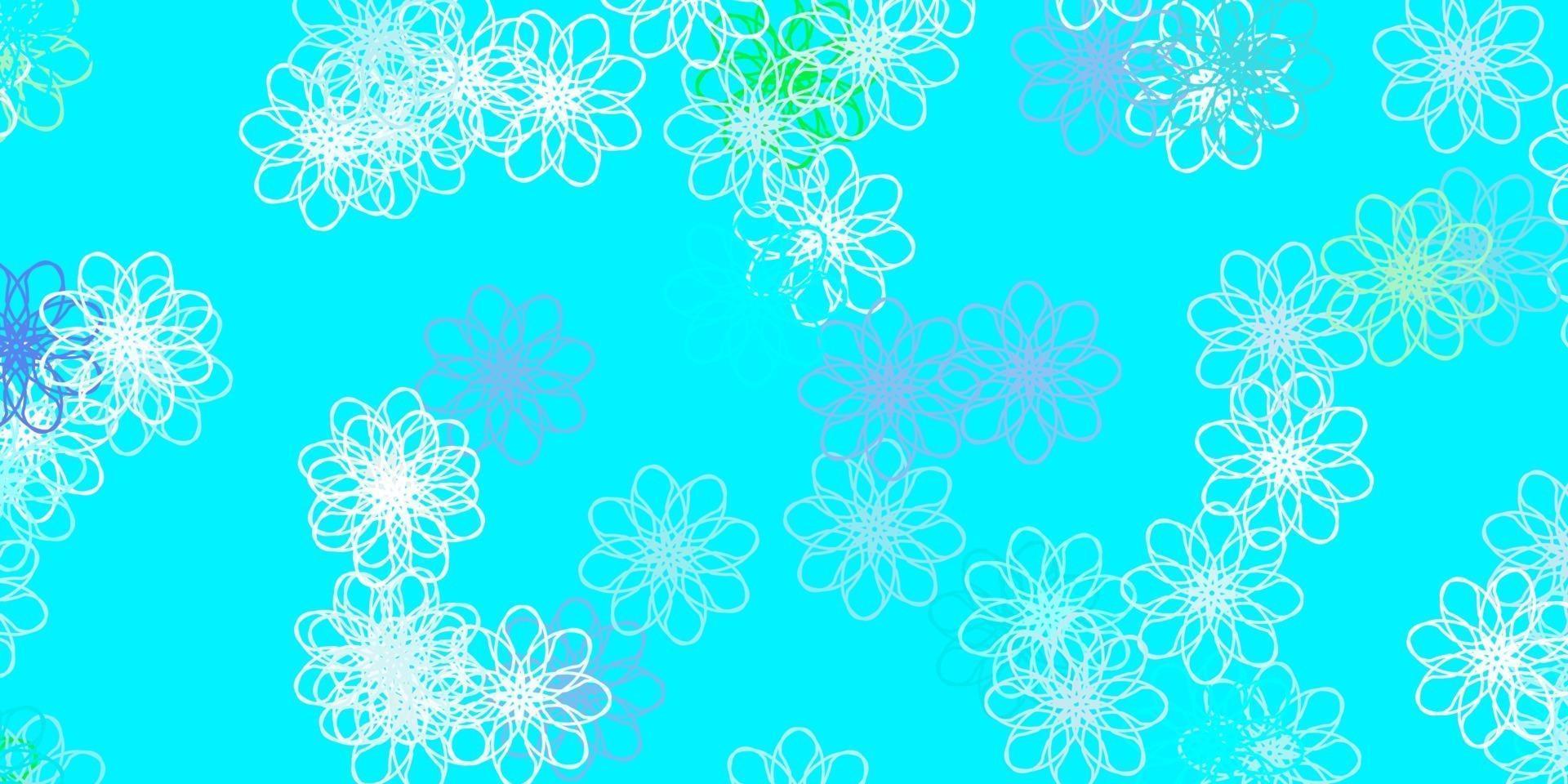 patrón de doodle de vector azul claro, verde con flores.