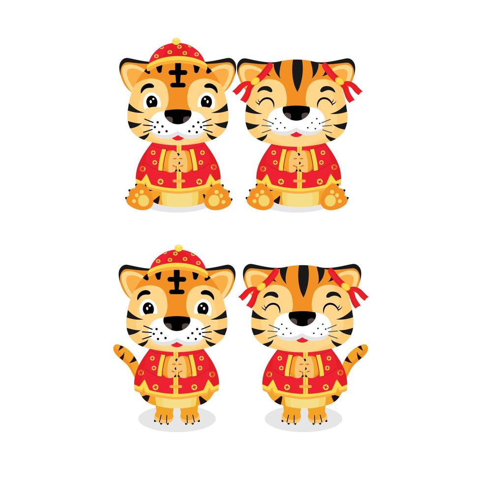 año nuevo chino 2022, año del tigre. dos tigres, un niño y una niña con trajes rojos tradicionales chinos. vector