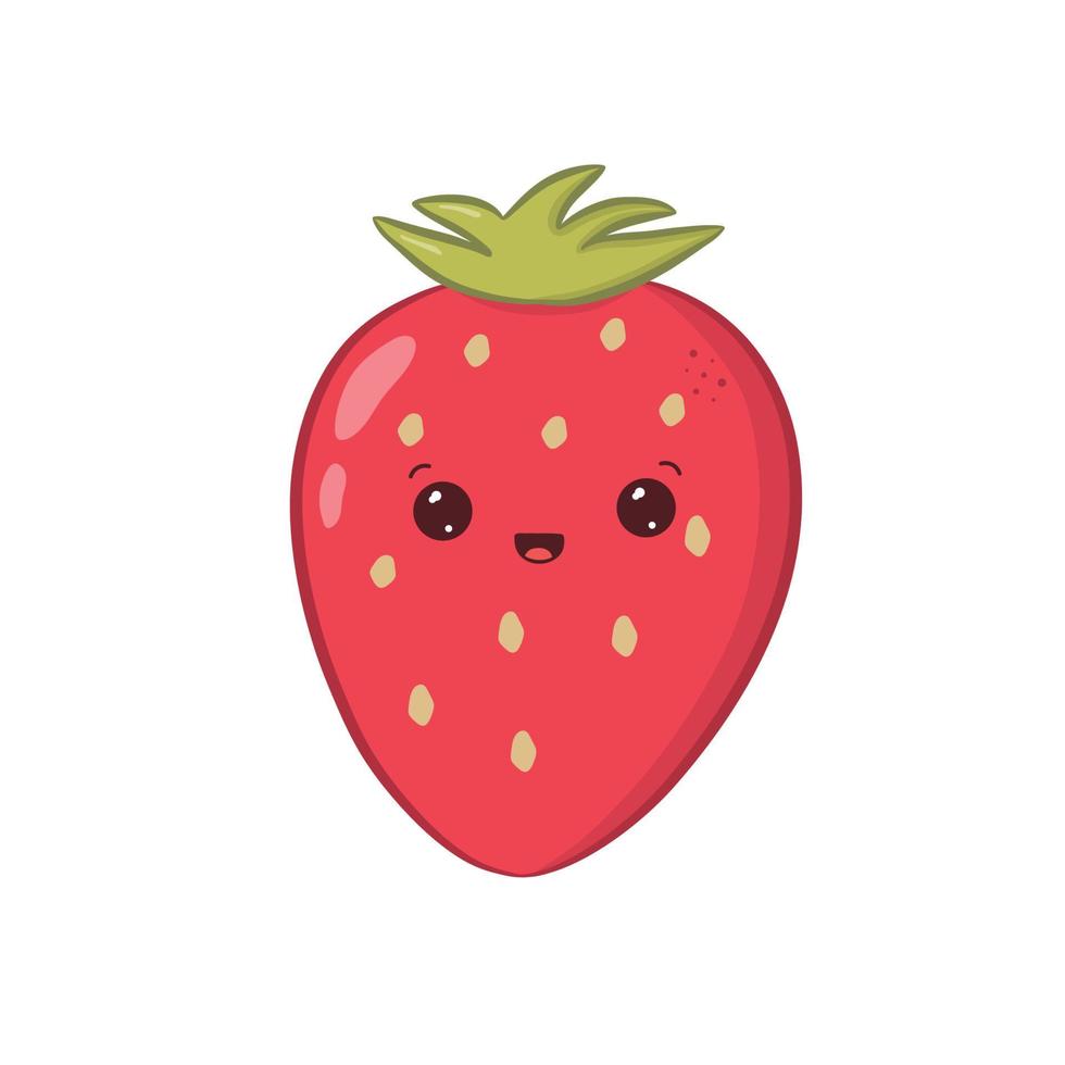 Cute kawaii strawberry isolated on white background. Character with happy and funny face. Vector illustration