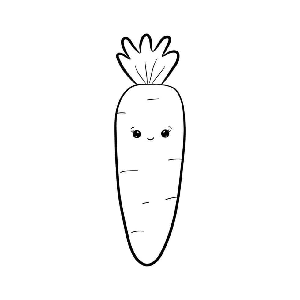 Cute kawaii carrot with happy face. Simple hand drawn carrot isolated on white background. Doodle style. Vector illustration