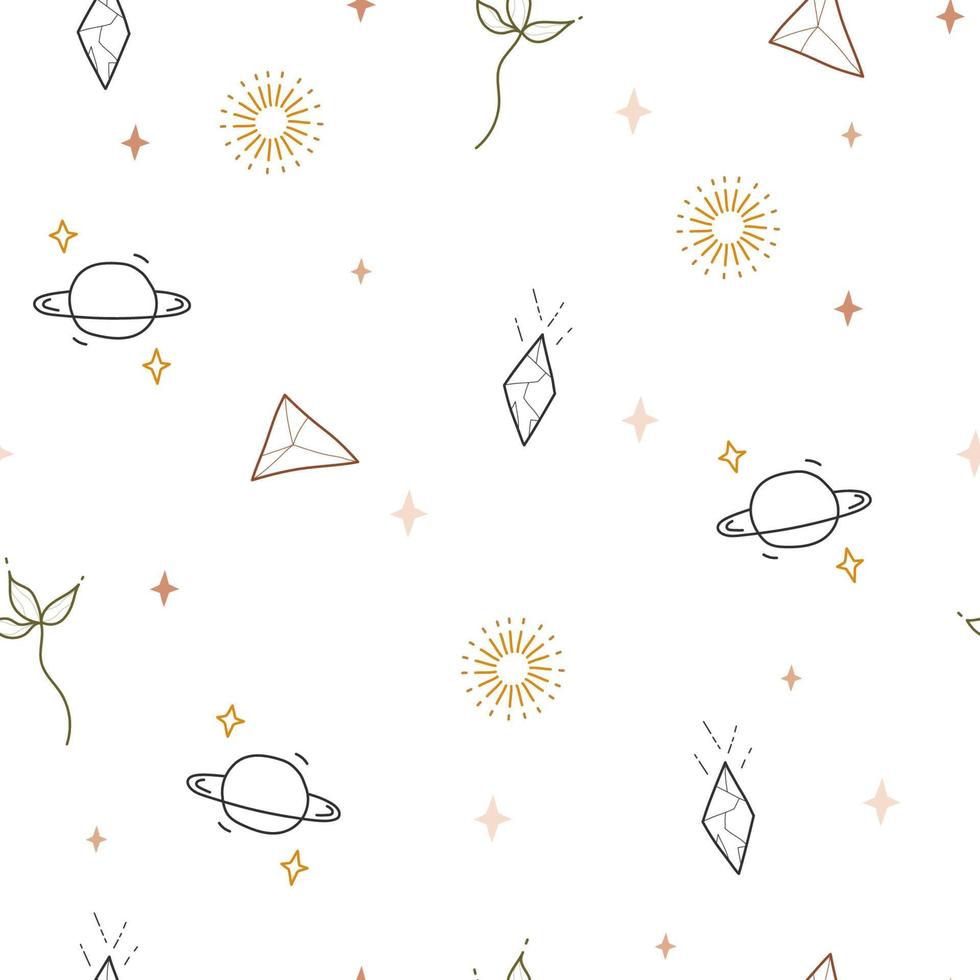 Seamless pattern with celestial and geometric elements, crystals, suns and leafs.Modern print for decoration design, backgrounds, fashion, wrapping paper, textile and phone case. Vector illustration