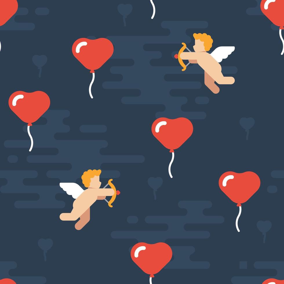 Seamless pattern of cupids shooting arrow at heart balloons. vector