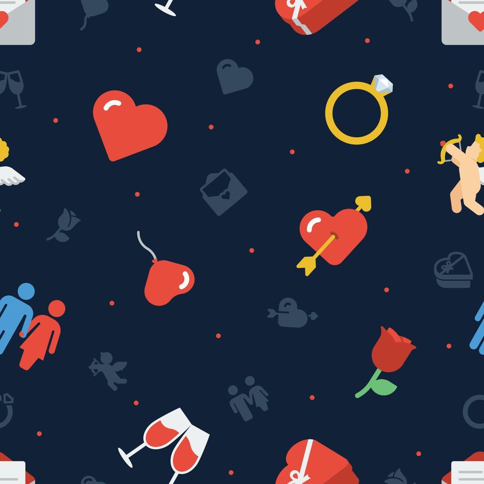 Valentine's day seamless pattern of flat icons on dark blue background. vector