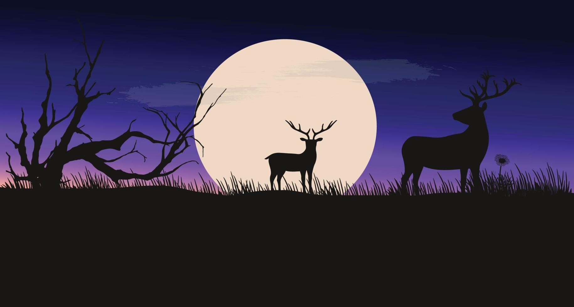 Deer in the forest beautiful night scenery vector illustration ...