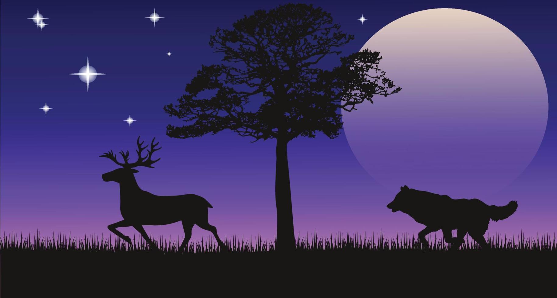 Deer in the forest beautiful night scenery vector illustration ...