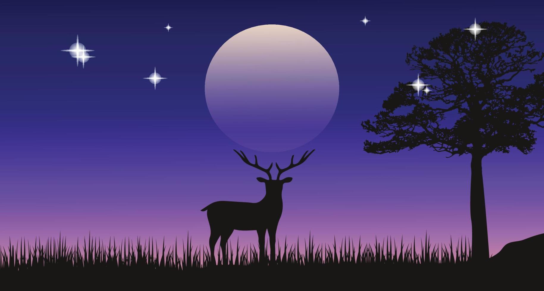 Deer in the forest beautiful night scenery vector illustration Free Vector