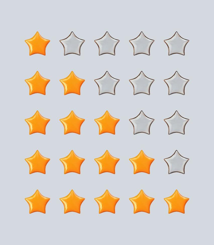 Glossy yellow stars rating set vector illustration. Vote quality ranking cartoon star collection on light background