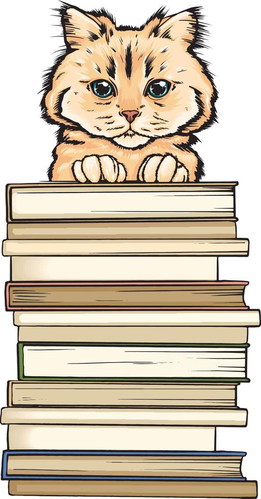 Cat with books for education. Cat holds books with it's paws vector