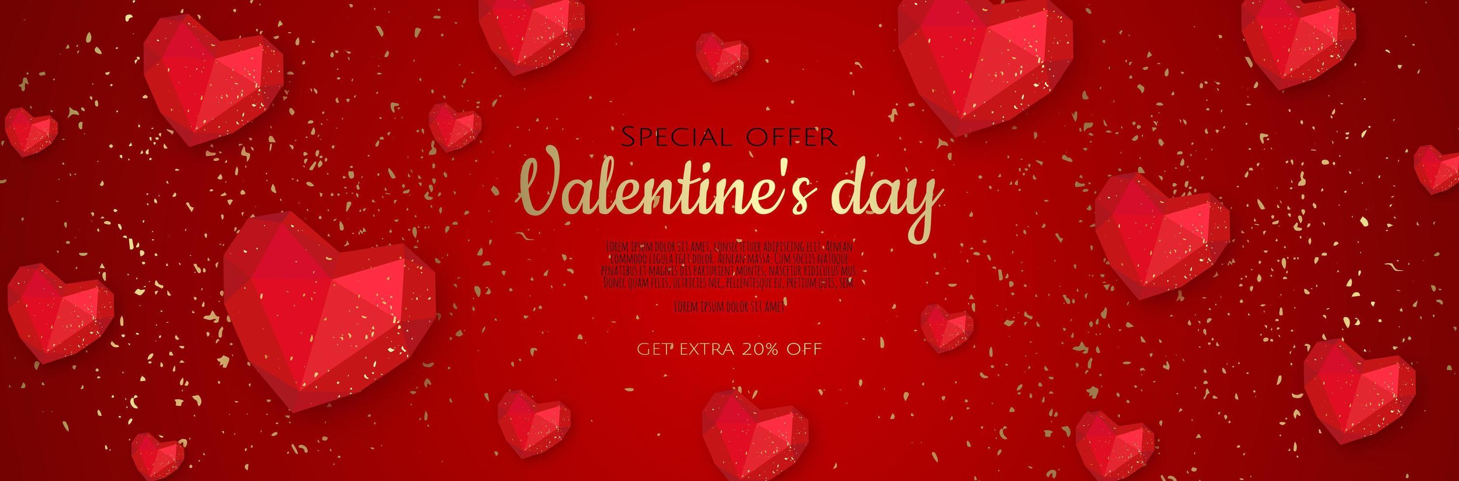 Happy Valentine s Day Romantic creative banner, horizontal header for website. Background Realistic 3d heart. vector