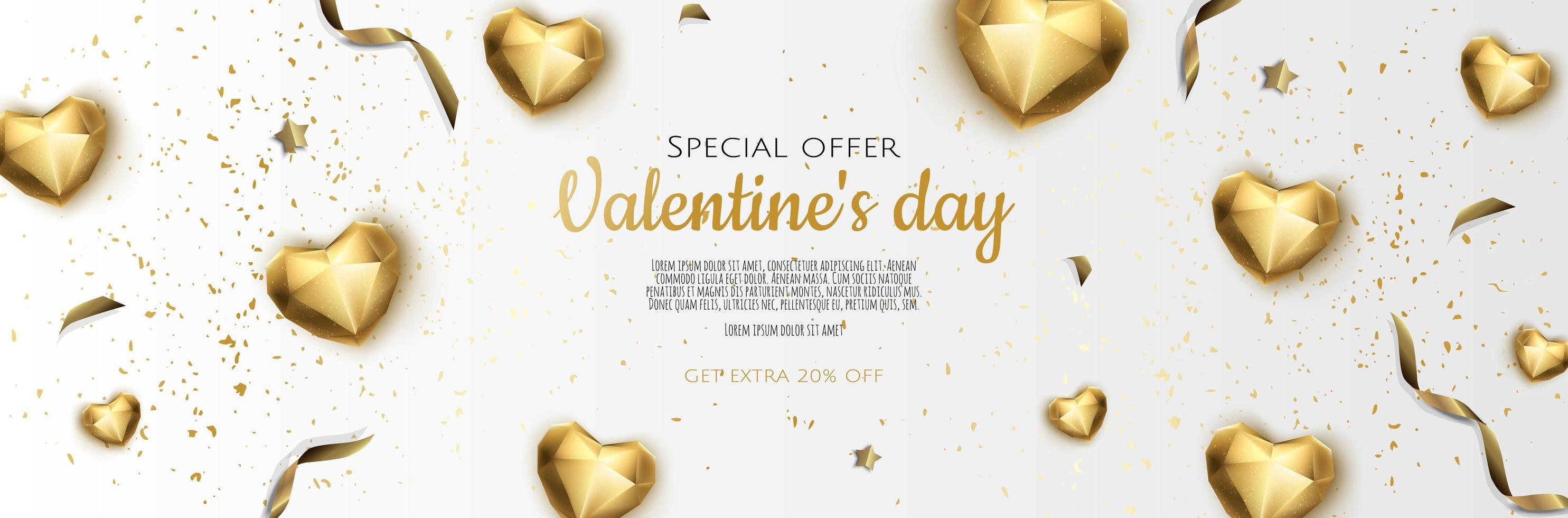 banner creativo romántico feliz día de san valentín, encabezado horizontal para el sitio web. corazón 3d realista de fondo con confeti dorado. vector