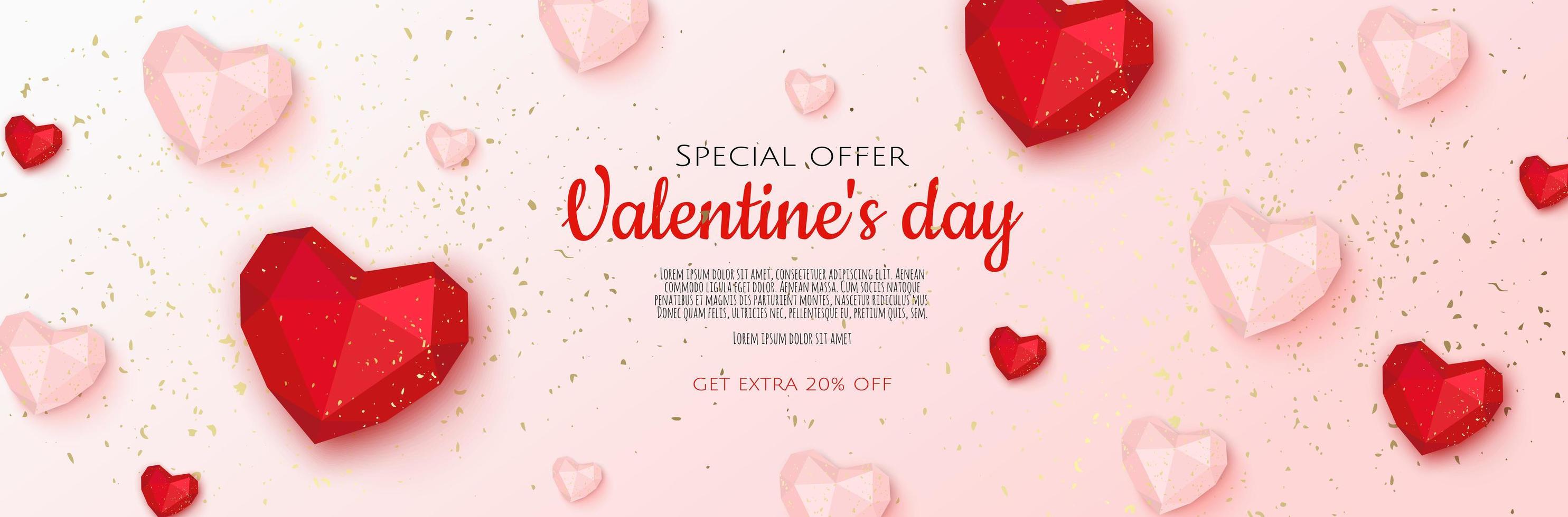 Happy Valentine s Day. Horizontal banner, header template for the website. Realistic design elements, red hearts with sparkles confetti. vector