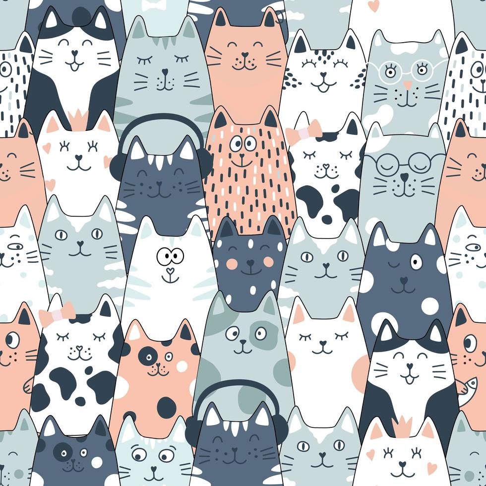 Seamless pattern with cats. Cute cat set. Funny cartoon animal characters. vector